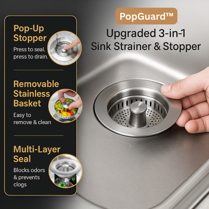 PopGuard™ — 3-in-1 Sink Stopper & Strainer